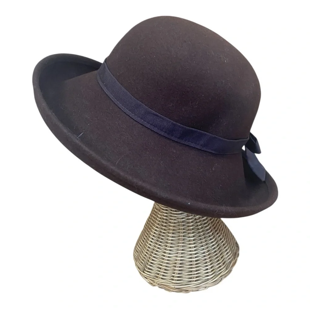 Vintage Womens Brown Large Roll Rim Hat One Size With Bow 100% Wool Felt